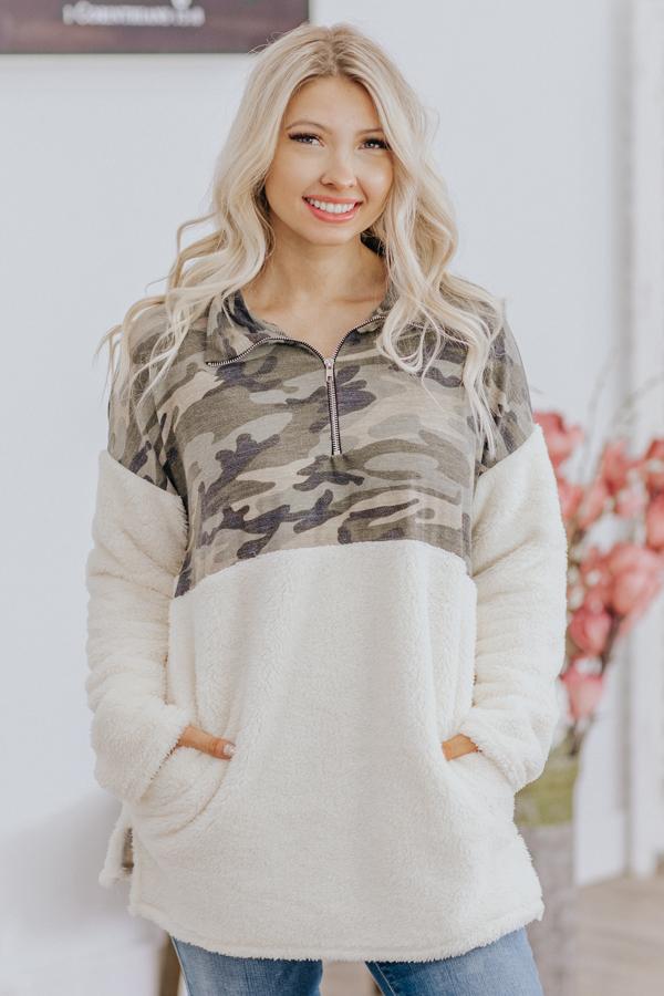 Clean Slate Camo Color Block 1/2 Zip Up Long Sleeve Sherpa in Ivory - Filly Flair