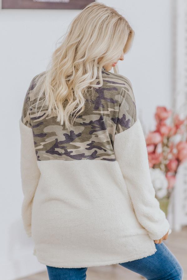 Clean Slate Camo Color Block 1/2 Zip Up Long Sleeve Sherpa in Ivory - Filly Flair